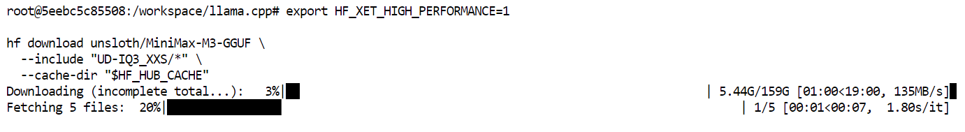Downloading the unsloth version of the MiniMax M3 UD-IQ3_XXS GGUF file from Hugging Face.