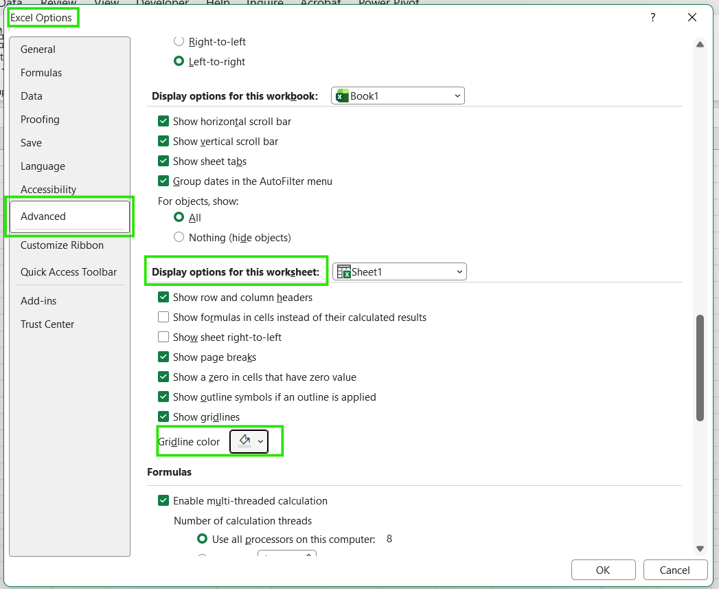 How to change gridline color in Excel