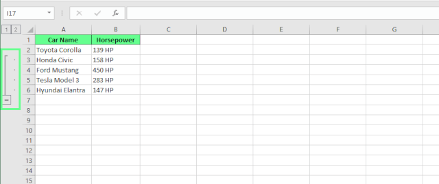 Desagrupar para mostrar filas ocultas en Excel.