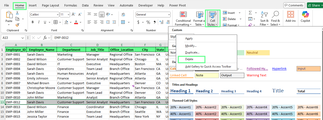 Removing custom unused cell styles in Excel.