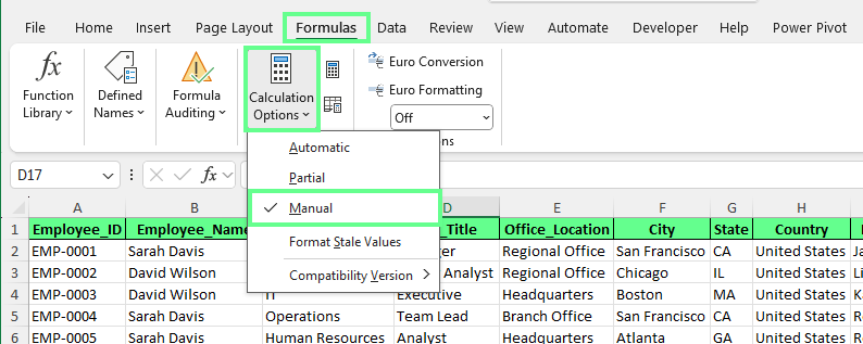 Switching calculation option to manual in Excel.