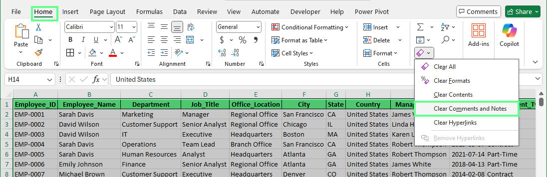 Clear comments and notes in the Excel.