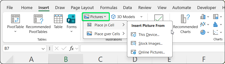 Füge die Registerkarte mit den Bildoptionen in Excel ein