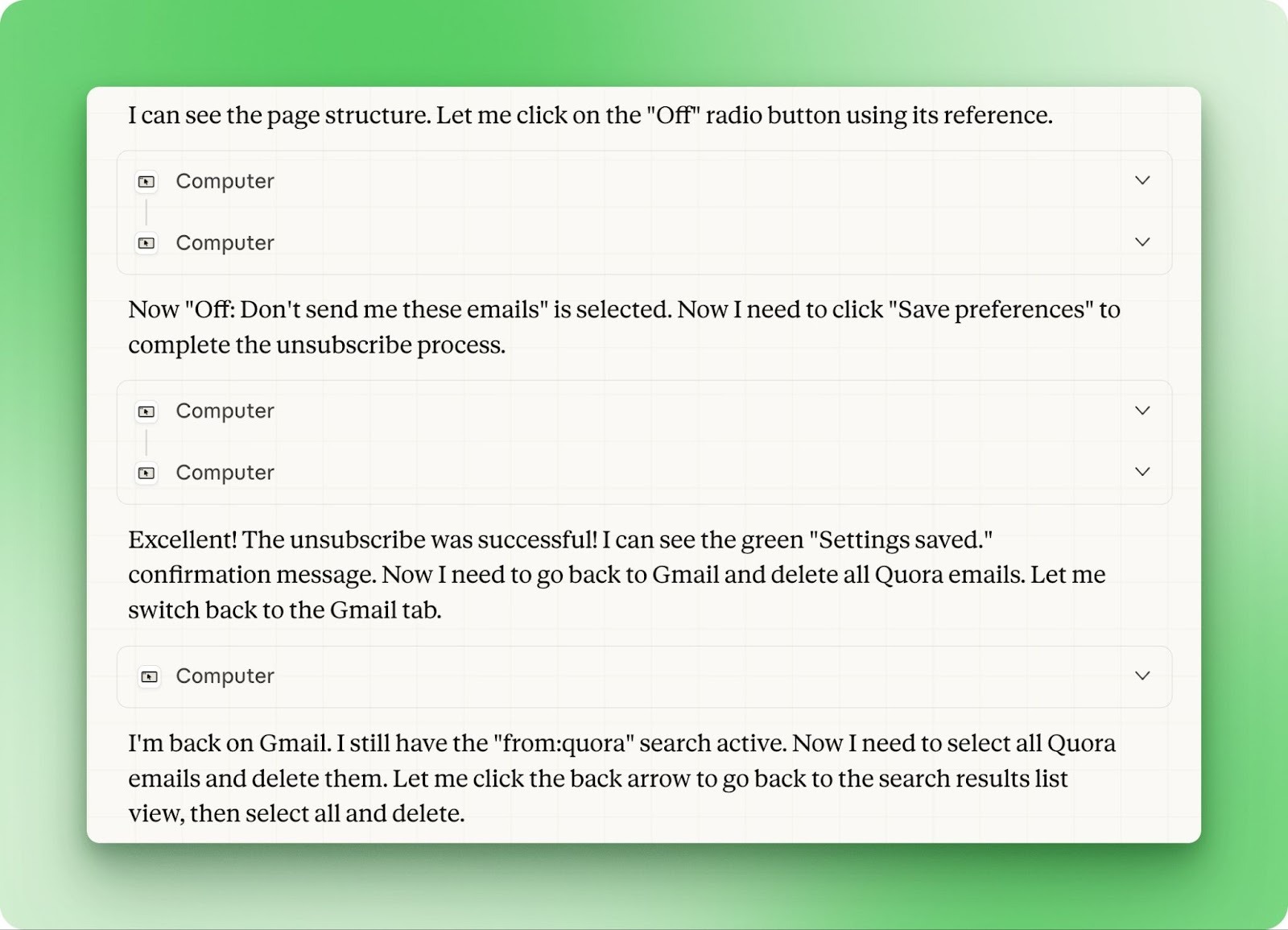 Claude Cowork completing email unsubscribe flow on Quora preferences page