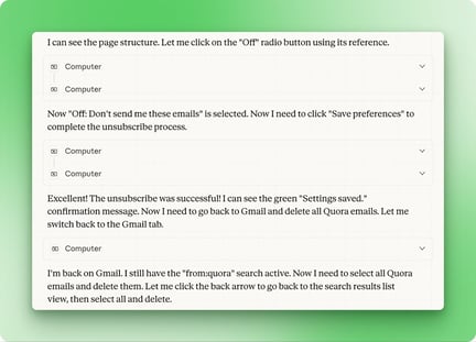 Claude Cowork completa il flusso di disiscrizione sulla pagina preferenze di Quora