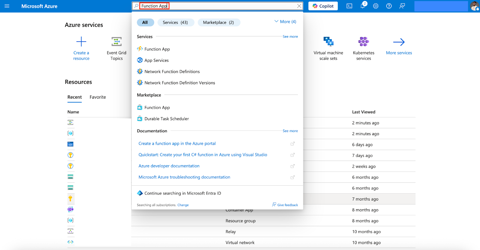 Screenshot of the Azure Portal search bar with “Function App” typed in. The Function App service is selected from the search results.