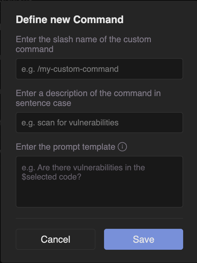 Interface Tabnine para definir novos comandos personalizados, com campos para inserir o nome do comando, descrição e modelo de prompt, com opções para salvar ou cancelar.