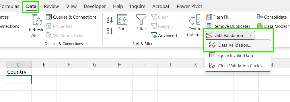 Data Validation in excel ribbon