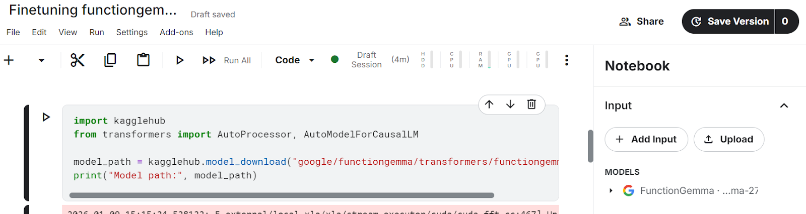Ich benutze die Kaggle Hub-Bibliothek, um auf das functiongemma-Modell zuzugreifen.
