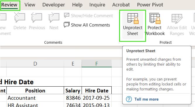Unprotect sheet in Excel.