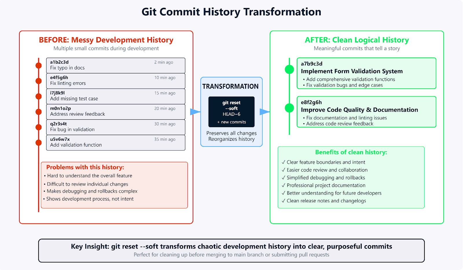 Transformação do histórico de commits do Git mostrando commits confusos limpos com o fluxo de trabalho de reinicialização suave