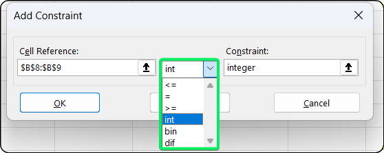 Add Constraint dialog showing integer option