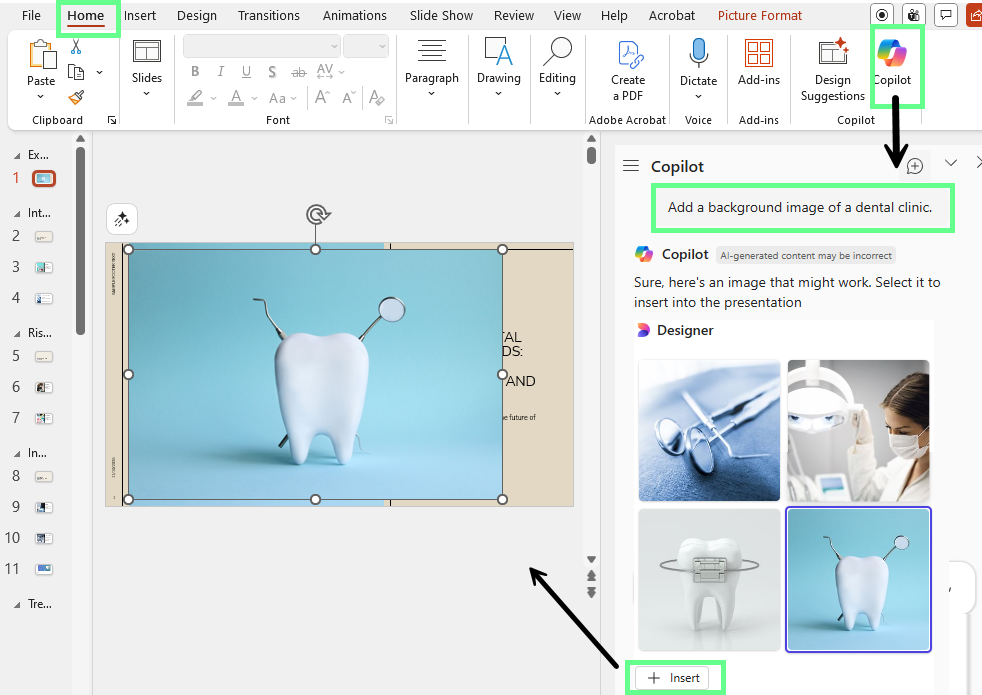 Insert the image to the slide with PowerPoint Copilot