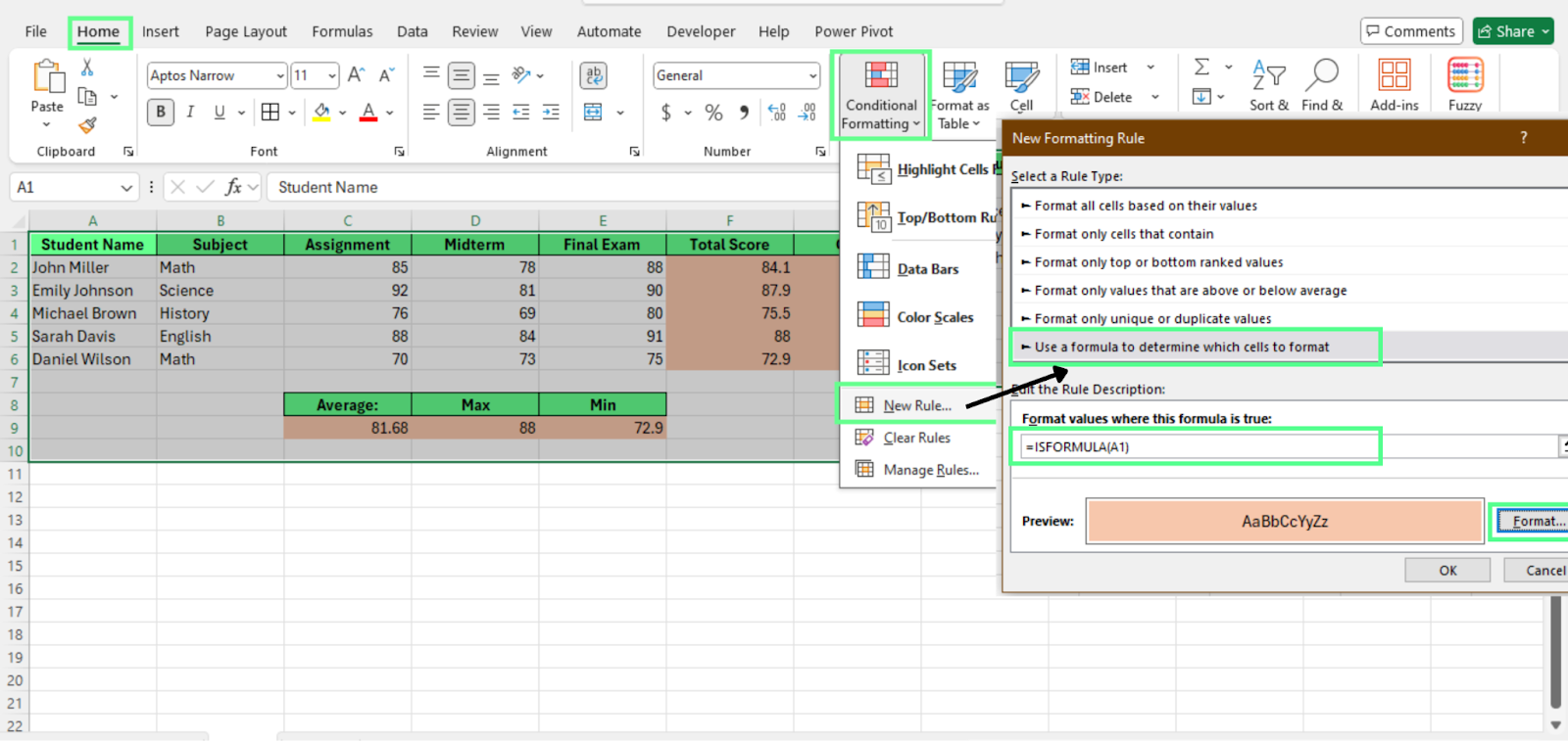 Highlighting the cells that contain the formulas using Conditional Formatting.