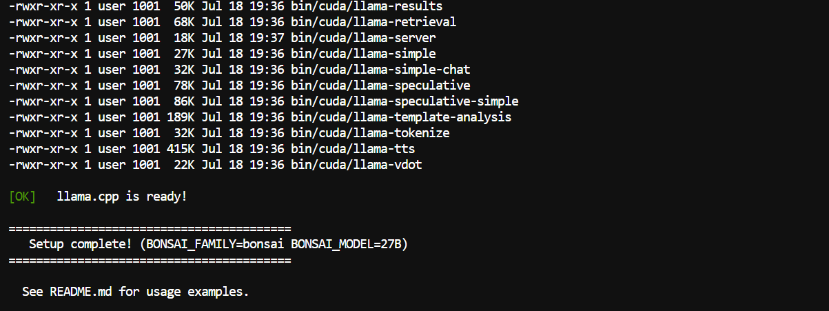 The Bonsai-27B installation script has successfully completed.