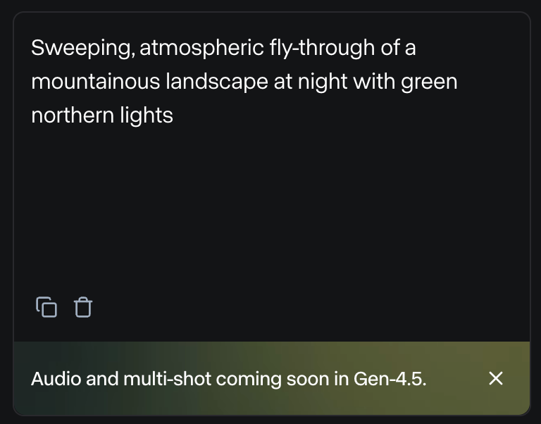 Runway web app screenshot showing that audio support is coming soon.