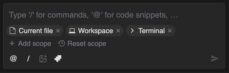 Interface do Tabnine no Visual Studio Code mostrando os escopos selecionados: arquivo atual, área de trabalho e terminal, com opções para adicionar ou redefinir o escopo.
