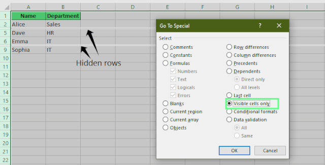 Busca las filas ocultas con la herramienta Ir a especial de Excel.