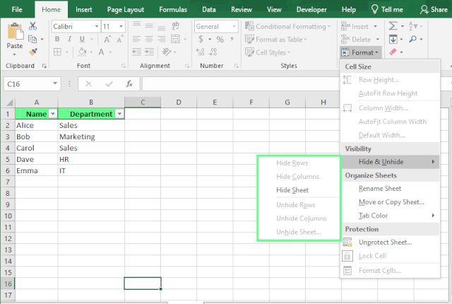 Opción para ocultar y mostrar desactivada debido a la hoja protegida en Excel.