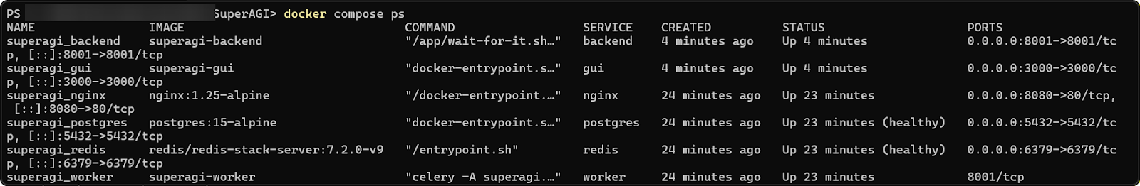 Terminal output showing docker compose building SuperAGI containers successfully.