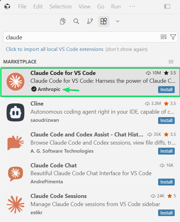 Cursor Extensions panel showing the Claude Code extension by Anthropic ready to install, with the Install button visible in search results