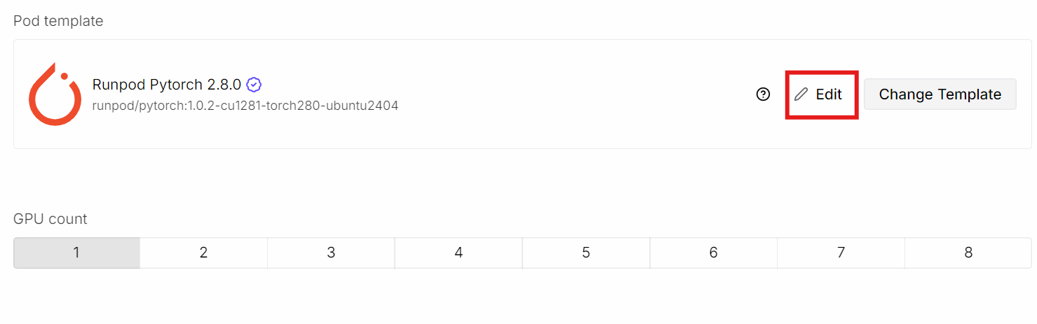 Pod template at the Runpod
