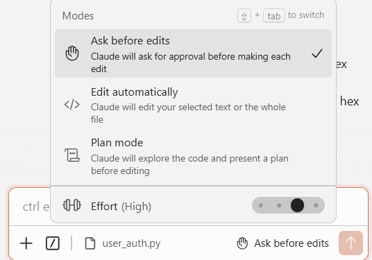Cursor के अंदर Claude Code अनुमति मोड सिलेक्टर, उपलब्ध मोड दिखा रहा है: Ask before edits, Edit automatically, और Plan mode