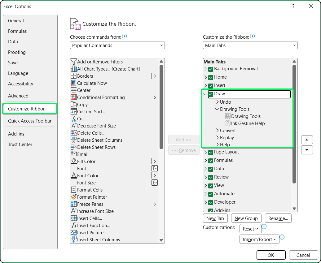 Aktivieren der Registerkarte „Zeichnen“ in den Excel-Optionen