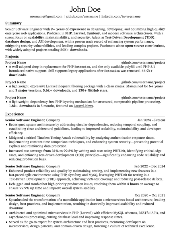 senior-level software engineer resume template