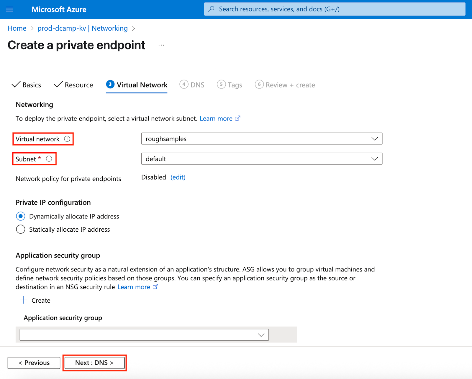 Screenshot of the Virtual Network tab in the private endpoint setup. An existing virtual network is selected, with the default subnet settings left unchanged. The “Next: DNS >” button is visible at the bottom.