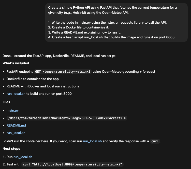 Asking GPT-5.3 Codex to generate a tool pulling from the Open-Meteo API