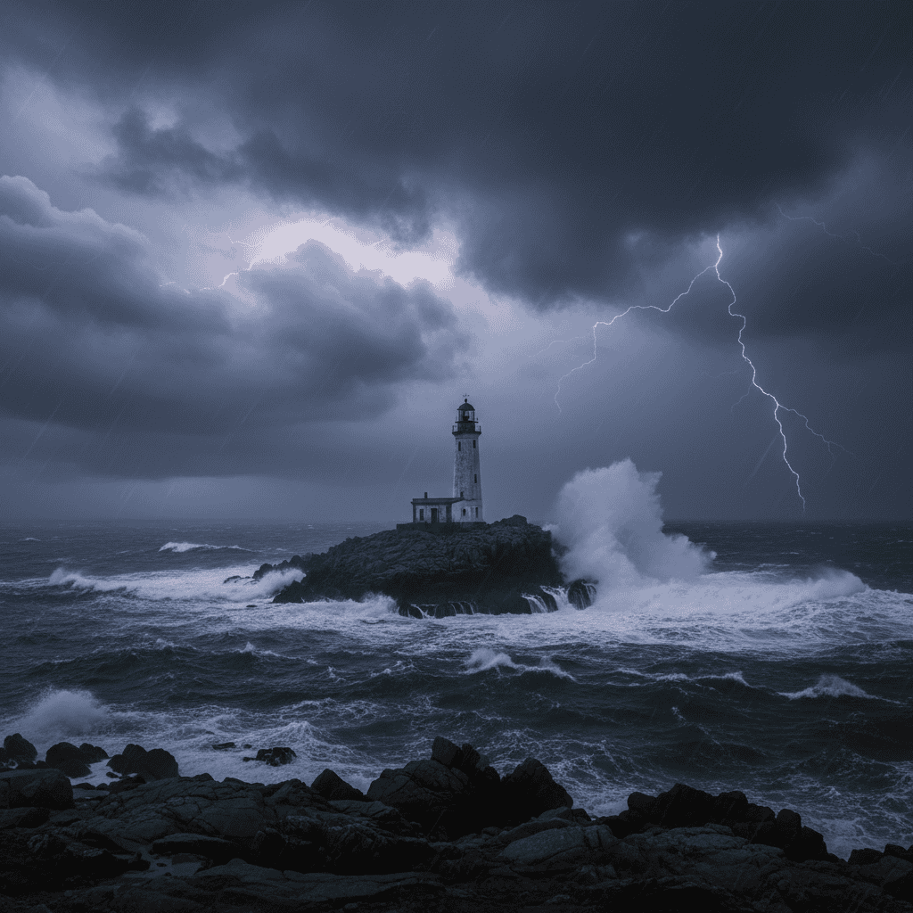 A lighthouse silhouetted against dark storm cloud