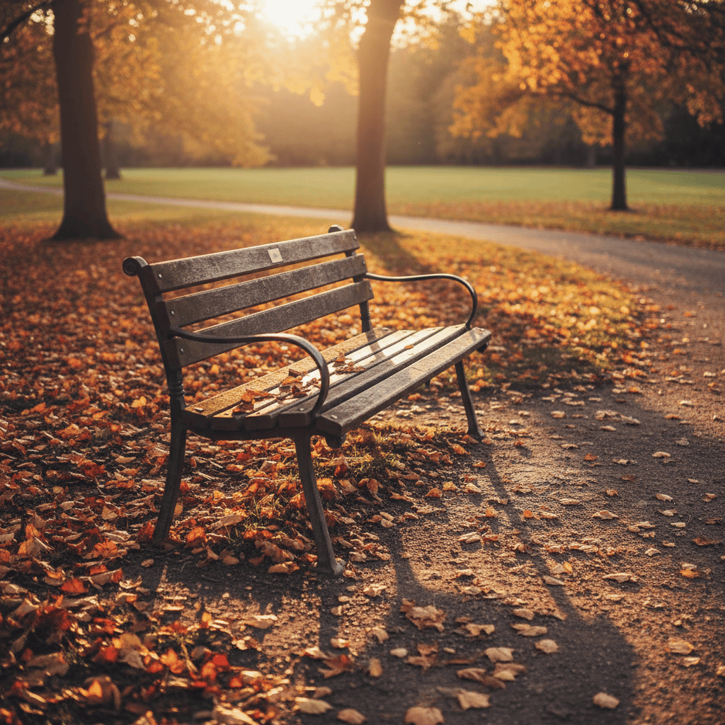 A peaceful park bench bathed in golden hour sunligh