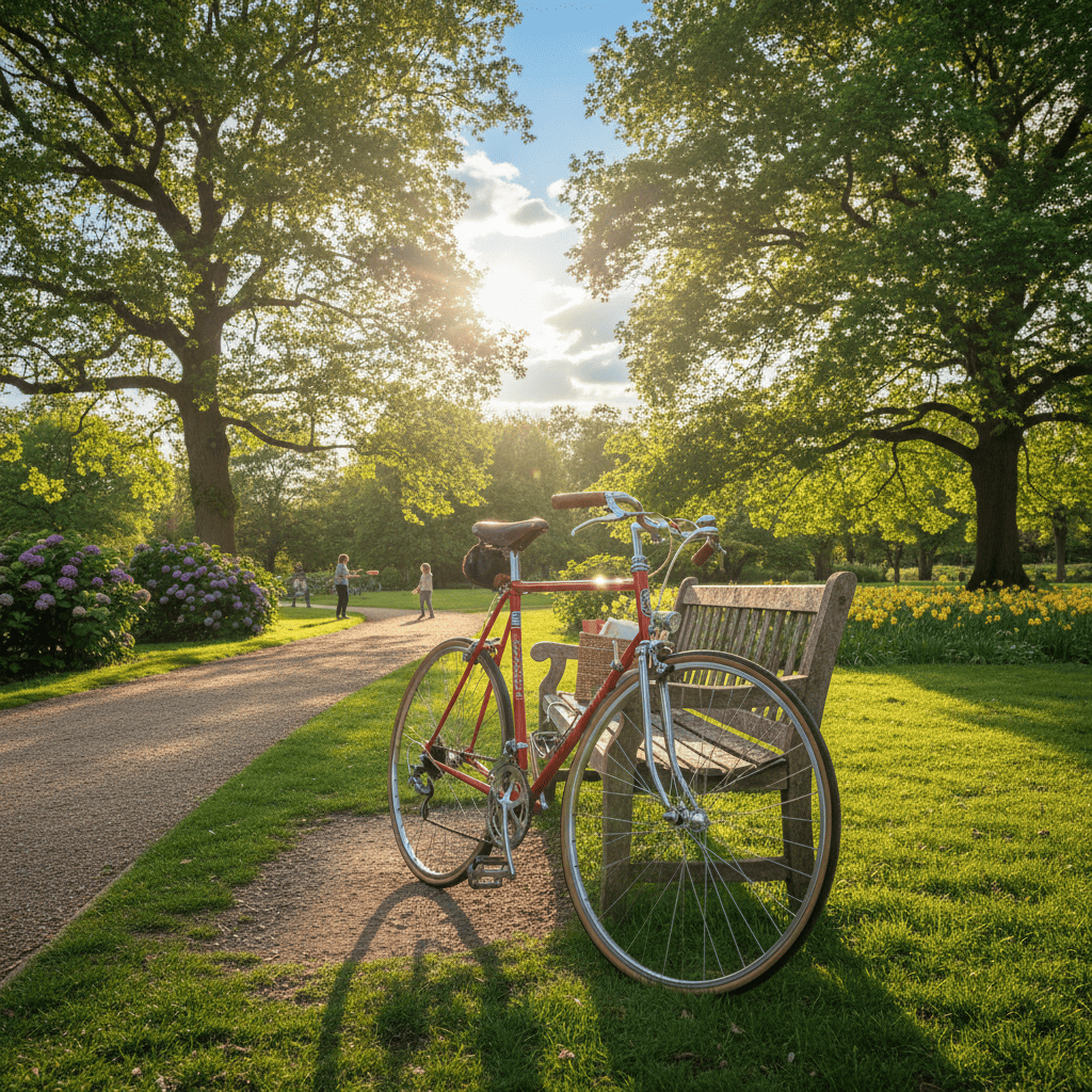 Red bicycle in a sunny park