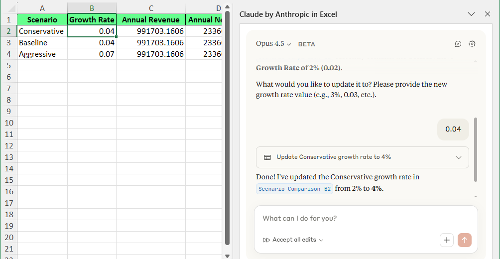 Excel Claude made the changes directly to the cell.