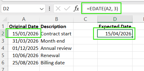 How to use EDATE() function to add months to a date in Excel.