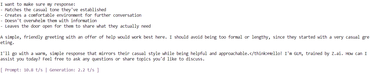 GLM 4.7 response generation using the llama.cpp CLI