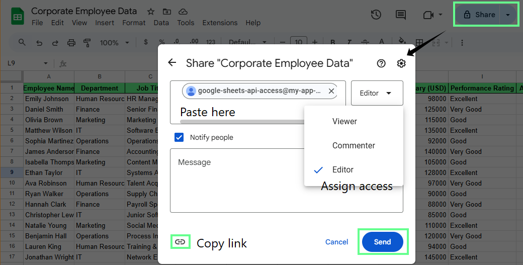 Share the service account access through Google Sheets