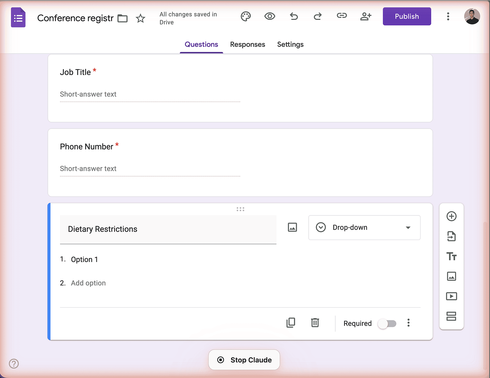 Claude creates dropdown fields
