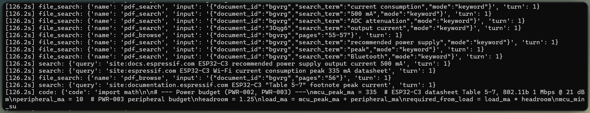 Terminal trace showing Grok searching attached datasheets, running code execution, and checking manufacturer pages with web search