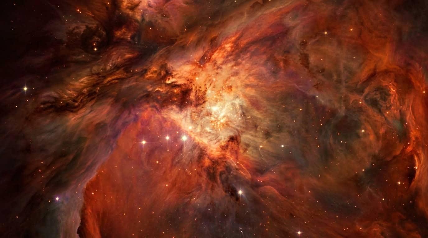 Nebulosa cosmica trasformata in toni caldi arancioni e rossi usando la funzione di editing conversazionale di Nano Banana Pro