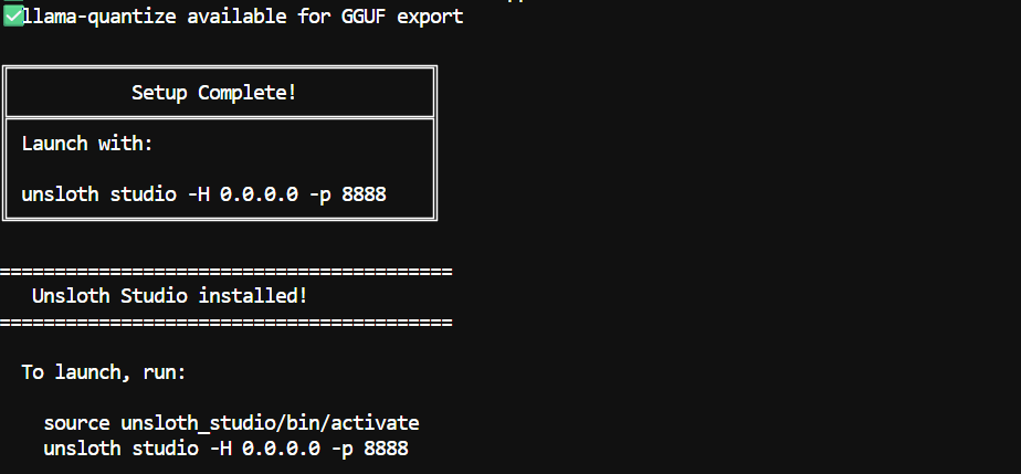 Unsloth Studio installation completed