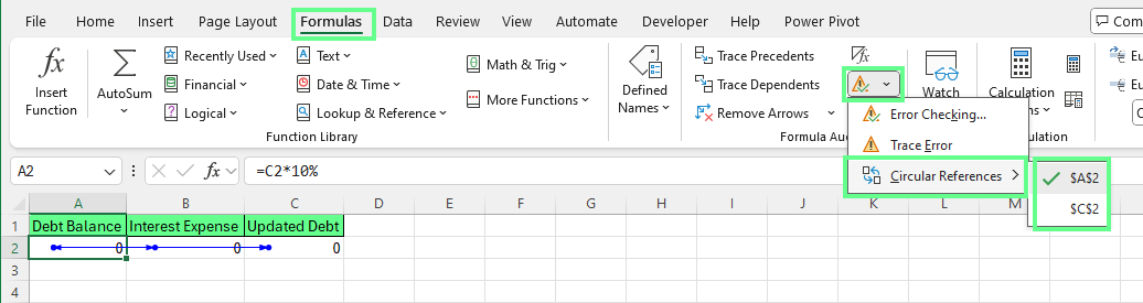An error-checking tool to find circular references in Excel.