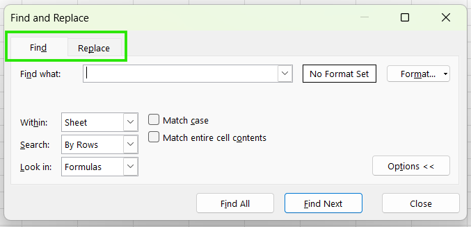 Find and Replace dialog box in Excel