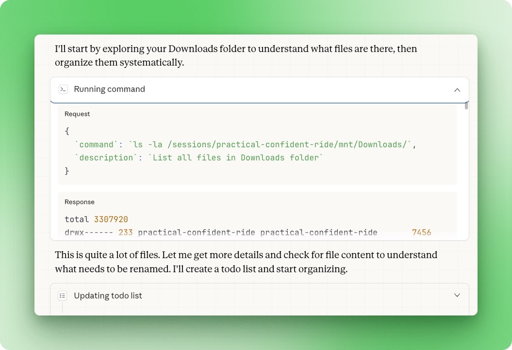 Claude Cowork starting file organization task with terminal commands