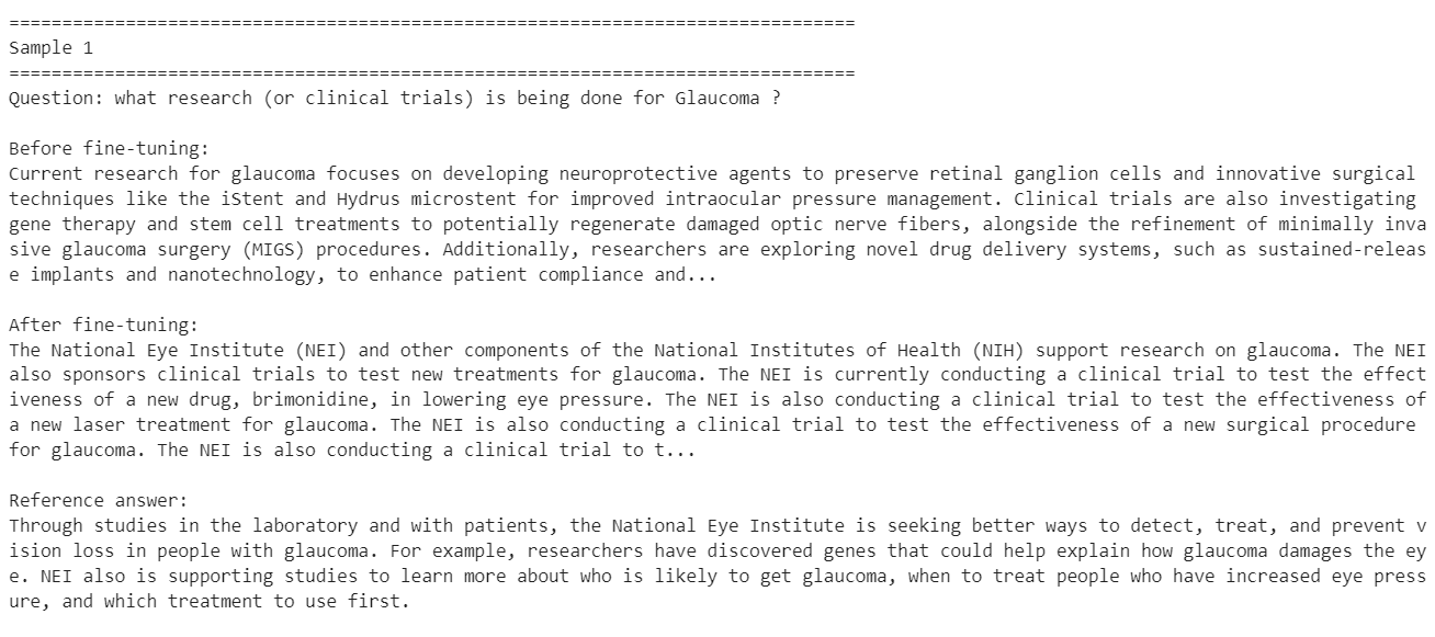 Comparing the baseline answer, the fine-tuned answer, and the reference answer for each sample.