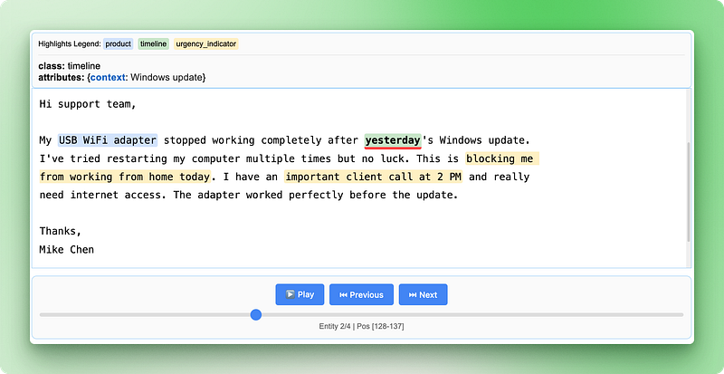 Interface de visualisation HTML LangExtract affichant les entités extraites avec des surlignages codés par couleur et un panneau d'attributs cliquables.