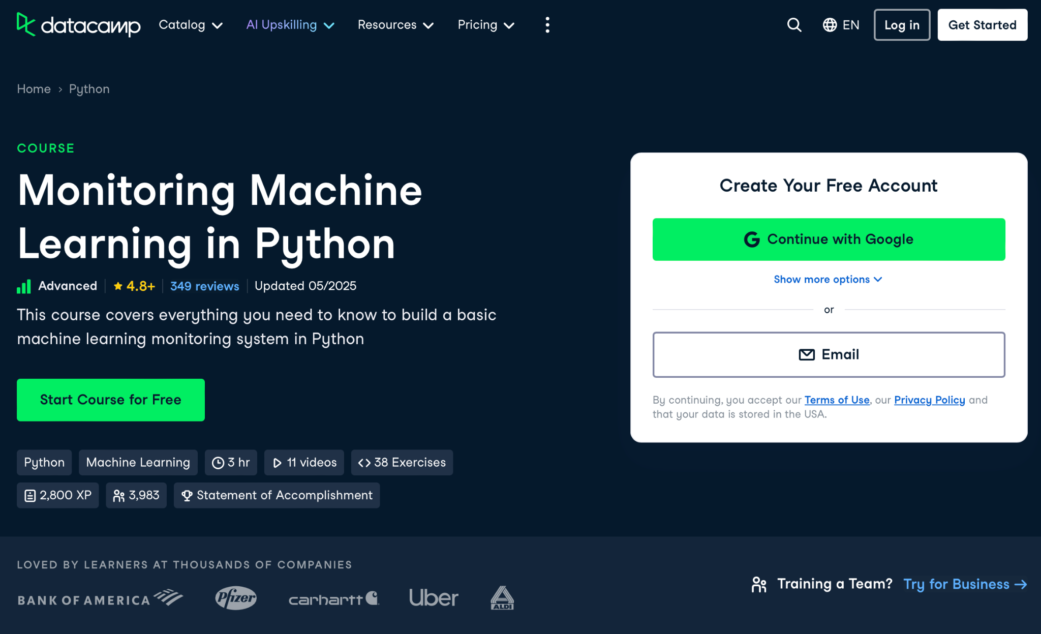 Course on Monitoring Machine Learning in Python offered by Datacamp