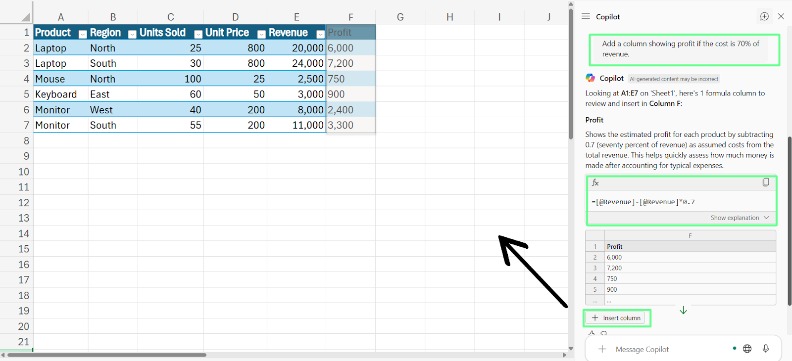 Preview and add the result to the table with Copilot in Excel.