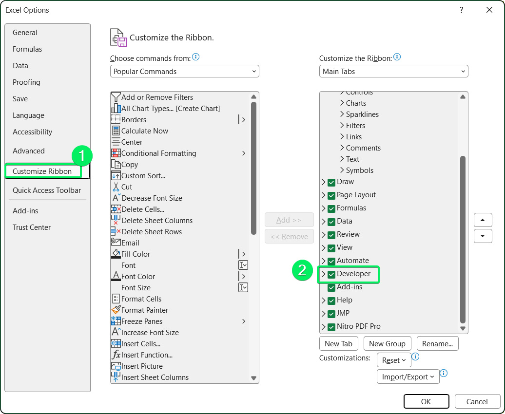 Excel Options dialog showing Developer checkbox in Customize Ribbon
